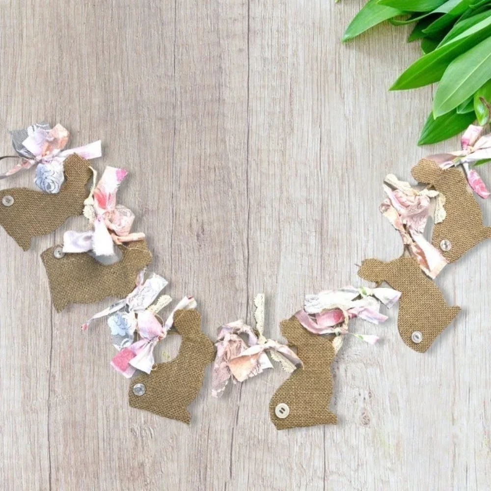 DIY Easter Bunny Burlap‎ Tied Rag Banner Kit Garland Cottage Romantic Farmhouse